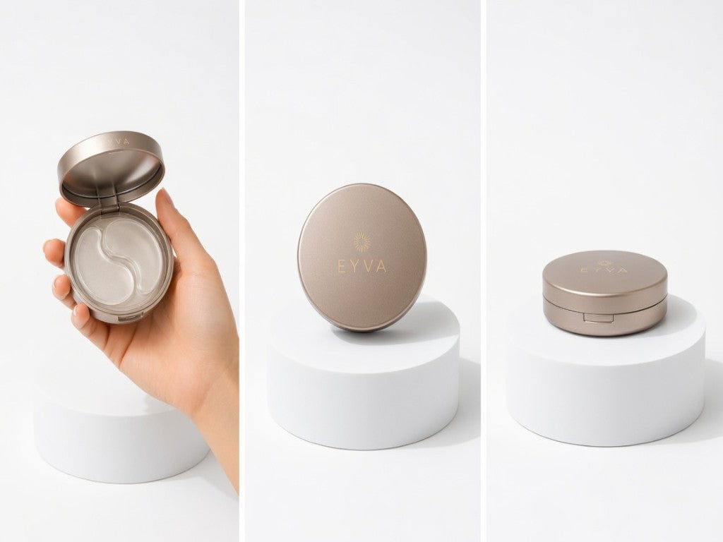 EYVA hydrogel patches — three pack views